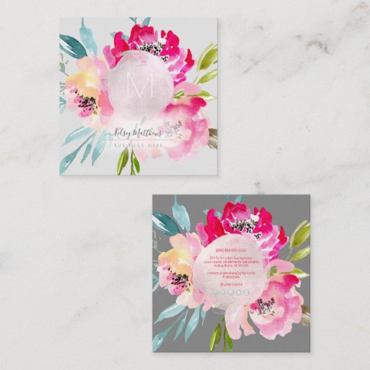 PixDezines Waterverf Roze pony's Vierkante Visitekaartje (Voorkant / Achterkant)