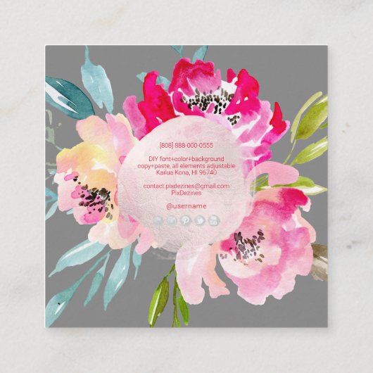 PixDezines Waterverf Roze pony's Vierkante Visitekaartje (Achterkant)