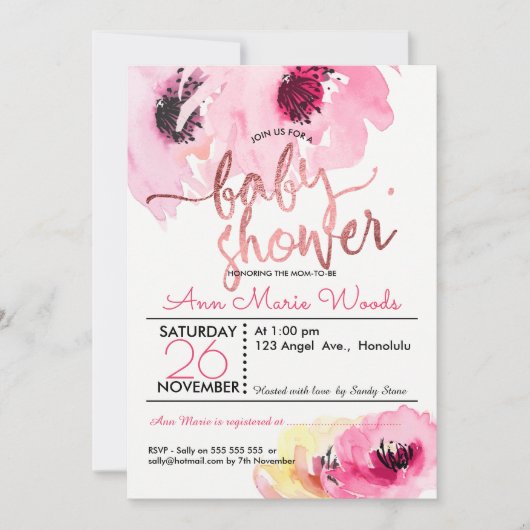 PixDezines Waterverf Roze Rozen Baby shower Kaart (Voorkant)