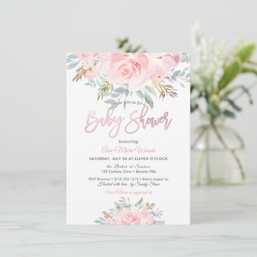 PixDezines Waterverf Roze Rozen Baby shower Kaart (Staand voorkant)