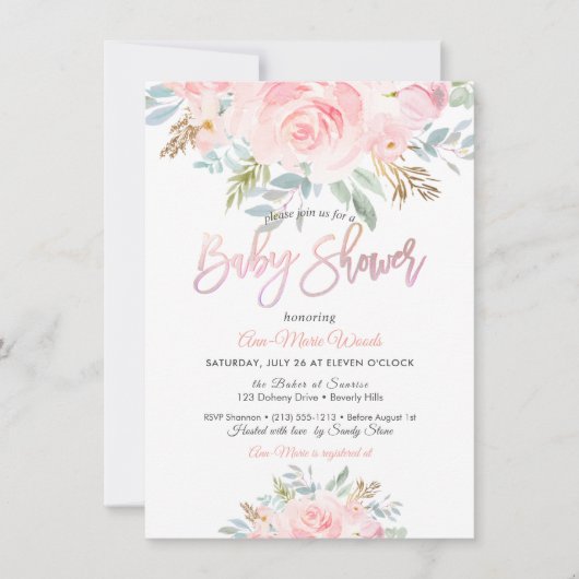 PixDezines Waterverf Roze Rozen Baby shower Kaart (Voorkant)