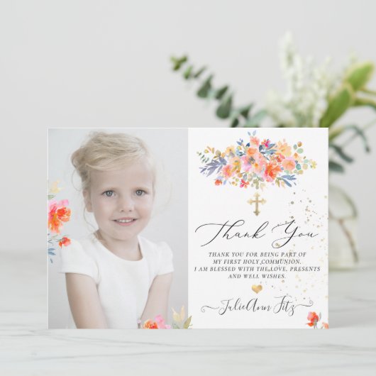 PixDezines Waterverf Rozen Communie Bedankt Kaart (Staand voorkant)