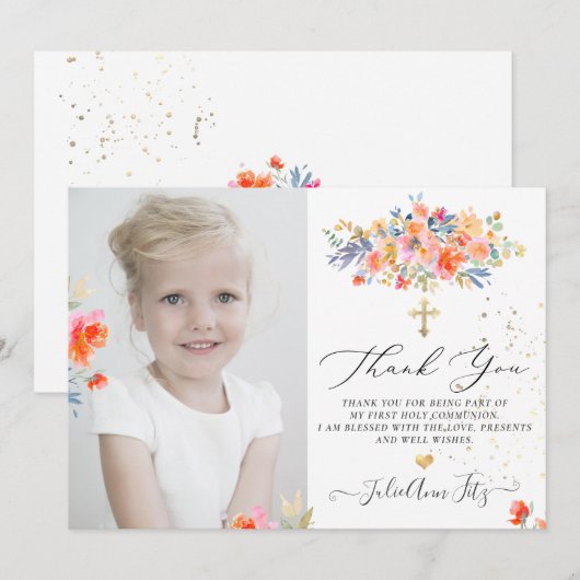 PixDezines Waterverf Rozen Communie Bedankt Kaart (Voorkant / Achterkant)