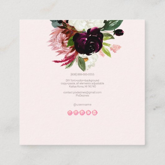 PixDezines Waterverf Rustic Bloom Vierkante Visitekaartje (Achterkant)