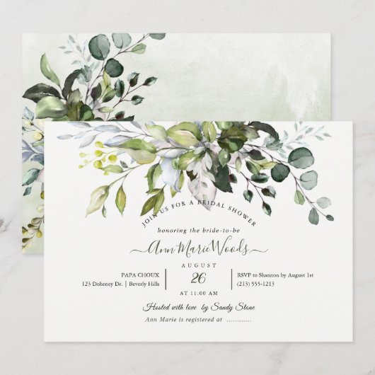 PixDezines Waterverf Rustic Eucalyptus Bridal Kaart (Voorkant / Achterkant)