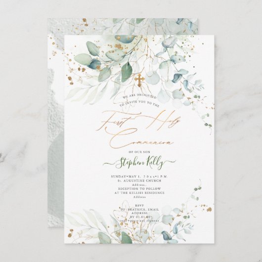 PixDezines Waterverf Rustic Eucalyptus Communie  Kaart (Voorkant / Achterkant)