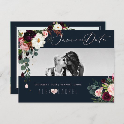 PixDezines Waterverf Rustieke Bloom, Save the Date Briefkaart (Voorkant / Achterkant)