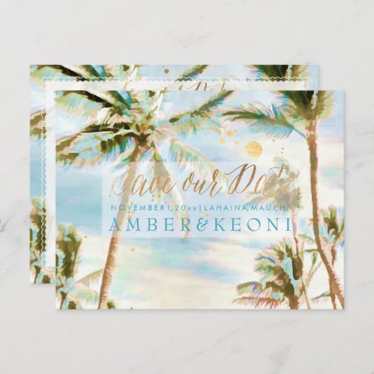 PixDezines Waterverf Strand Opslaan Datum Foto Aankondigingskaart (Voorkant / Achterkant)