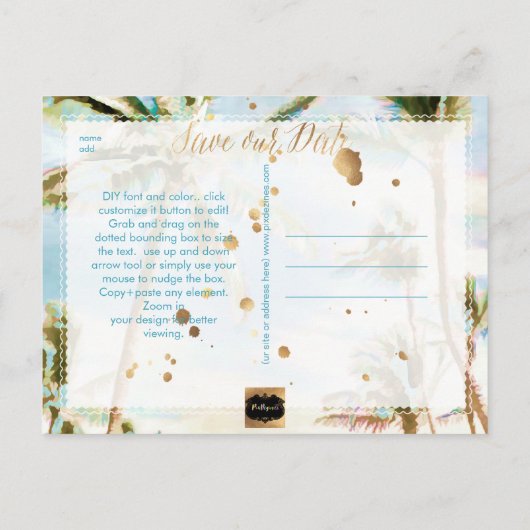 PixDezines Waterverf Strand Opslaan Datum Foto Aankondigingskaart (Achterkant)