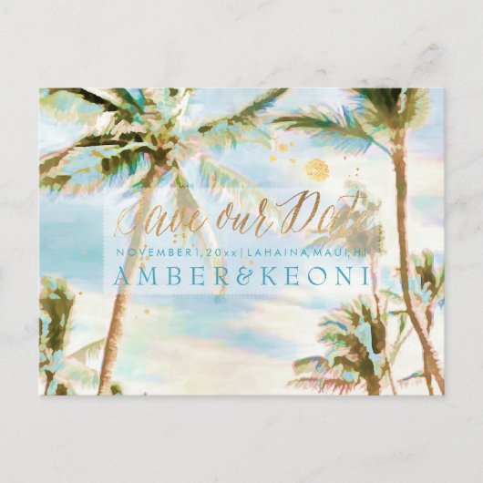 PixDezines Waterverf Strand Opslaan Datum Foto Aankondigingskaart (Voorkant)