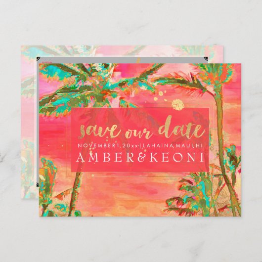 PixDezines Waterverf Strand Opslaan Datum Foto Aankondigingskaart (Voorkant / Achterkant)