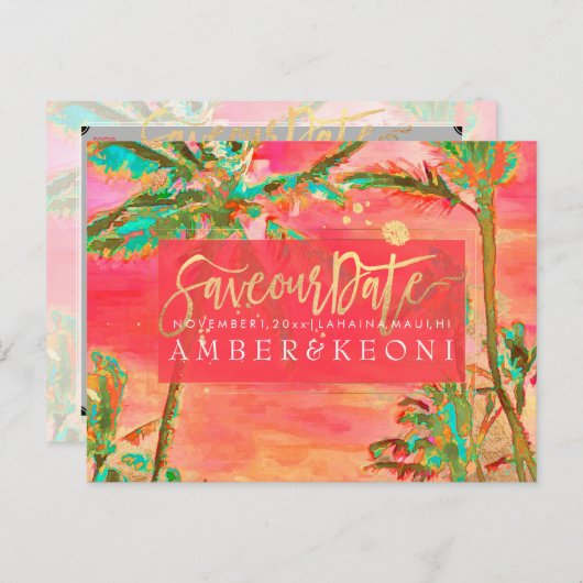 PixDezines Waterverf Strand Opslaan Datum Foto Aankondigingskaart (Voorkant / Achterkant)