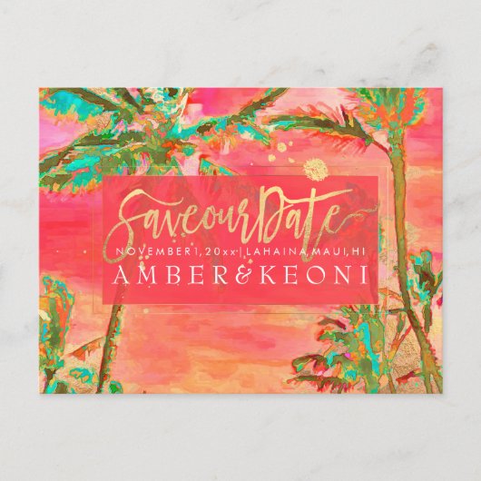 PixDezines Waterverf Strand Opslaan Datum Foto Aankondigingskaart (Voorkant)