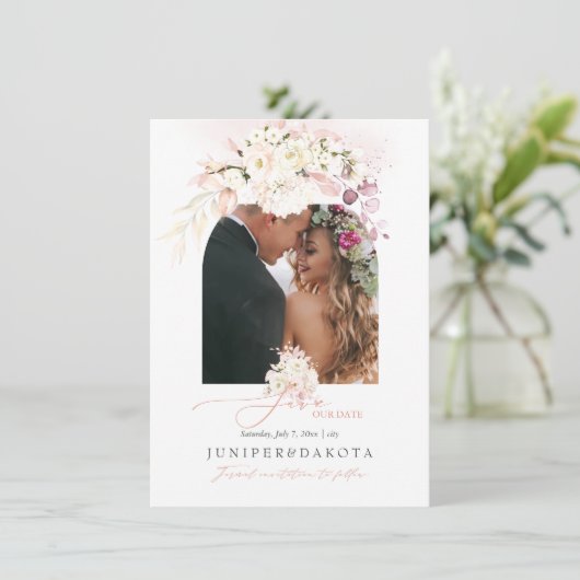 PixDezines Waterverf Stustroze rozen Hydrangea Save The Date (Staand voorkant)