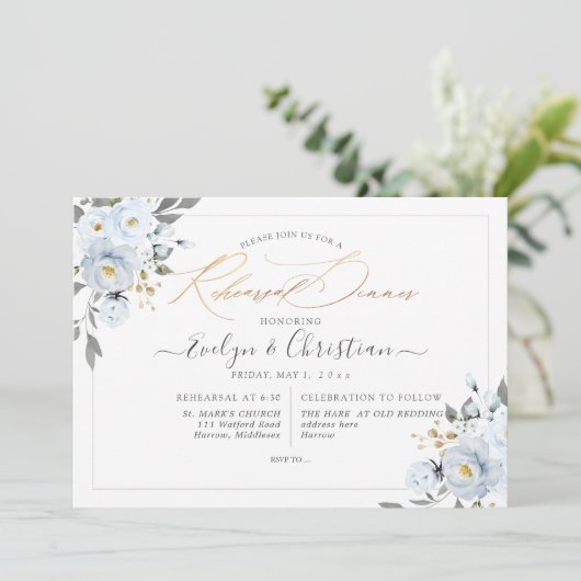 PixDezines Waterverf Stusty Blue Rozen Uitnodiging (Staand voorkant)