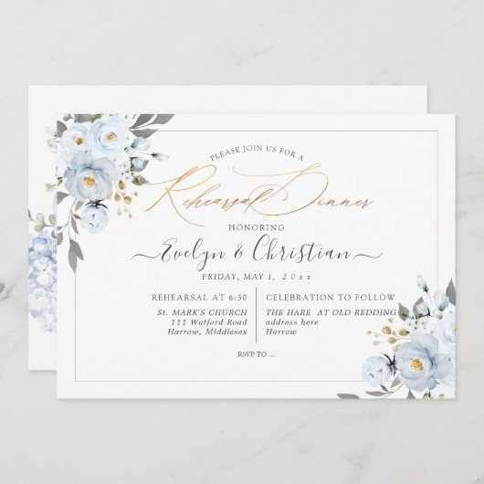 PixDezines Waterverf Stusty Blue Rozen Uitnodiging (Voorkant / Achterkant)