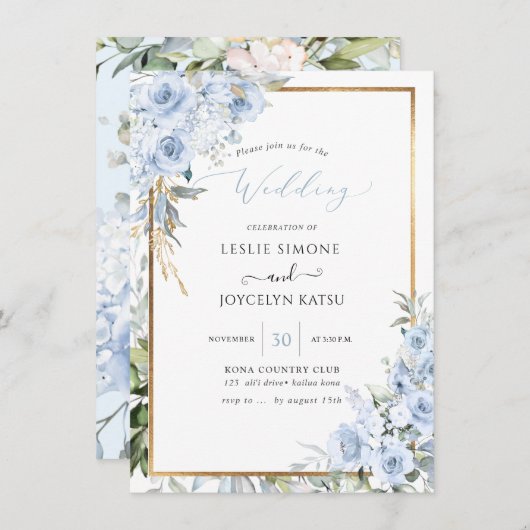 PixDezines Waterverf Stusty Blue Rozen Wedding Kaart (Voorkant / Achterkant)