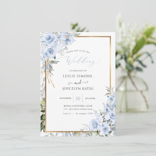 PixDezines Waterverf Stusty Blue Rozen Wedding Kaart (Staand voorkant)
