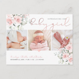PixDezines Waterverf Stusty roze rozen, Girl Birth Briefkaart