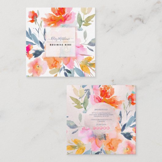 PixDezines Waterverf Summer Garden Rozen Vierkante Visitekaartje (Voorkant / Achterkant)