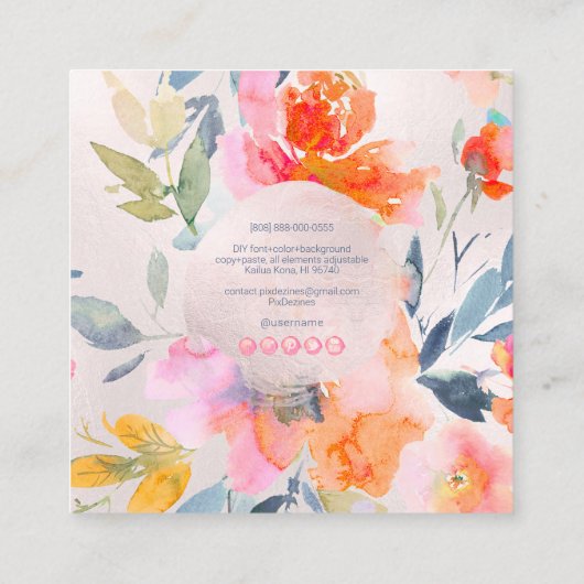 PixDezines Waterverf Summer Garden Rozen Vierkante Visitekaartje (Achterkant)