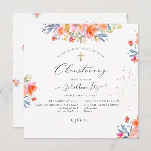 PixDezines Waterverf Summer Rozen Christening Kaart (Voorkant / Achterkant)