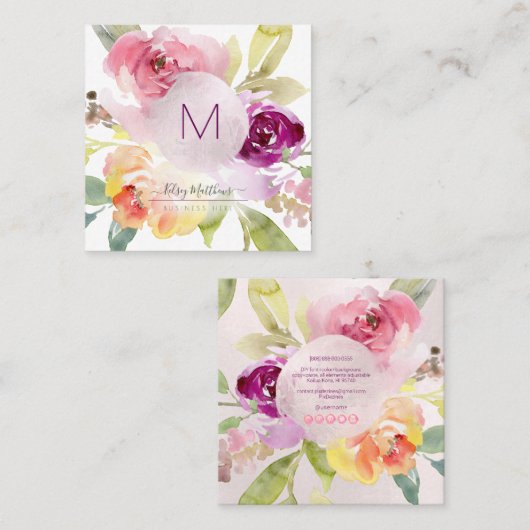 PixDezines Waterverf Summer Rozen Vierkante Visitekaartje (Voorkant / Achterkant)