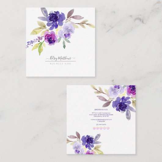 PixDezines Waterverf Summer Rozen, Violet Paars Vierkante Visitekaartje (Voorkant / Achterkant)