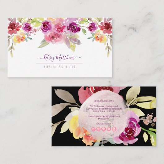 PixDezines Waterverf Summer Rozen Visitekaartje (Voorkant / Achterkant)