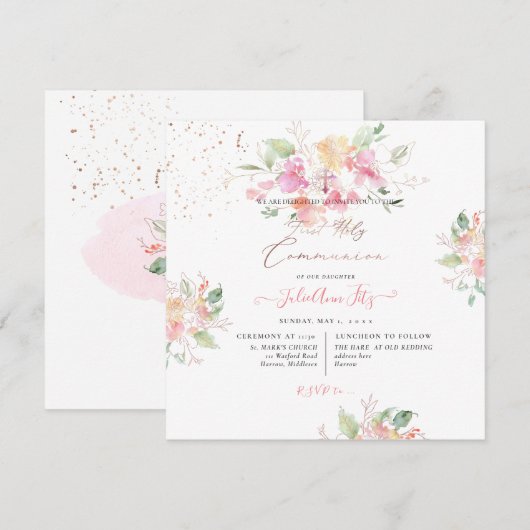 PixDezines Waterverf Sweetpeas Heilige Communie Kaart (Voorkant / Achterkant)