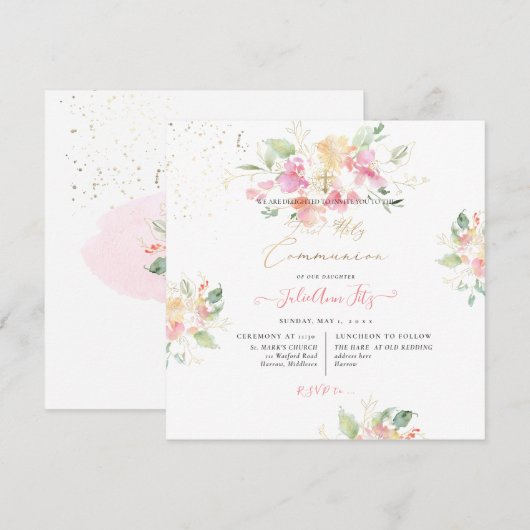 PixDezines Waterverf Sweetpeas Heilige Communie Kaart (Voorkant / Achterkant)