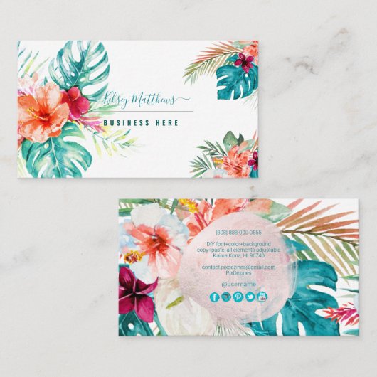 PixDezines Waterverf Tropische bloemen Visitekaartje (Voorkant / Achterkant)