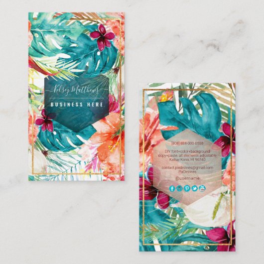 PixDezines Waterverf Tropische bloemen Visitekaartje (Voorkant / Achterkant)
