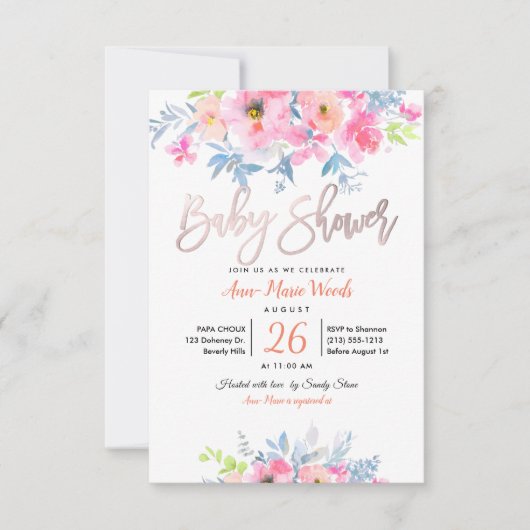 PixDezines Waterverf Tuin Rozen Baby shower Kaart (Voorkant)