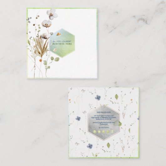 PixDezines Waterverf Wild Flowers Honeycomb Squar Vierkante Visitekaartje (Voorkant / Achterkant)