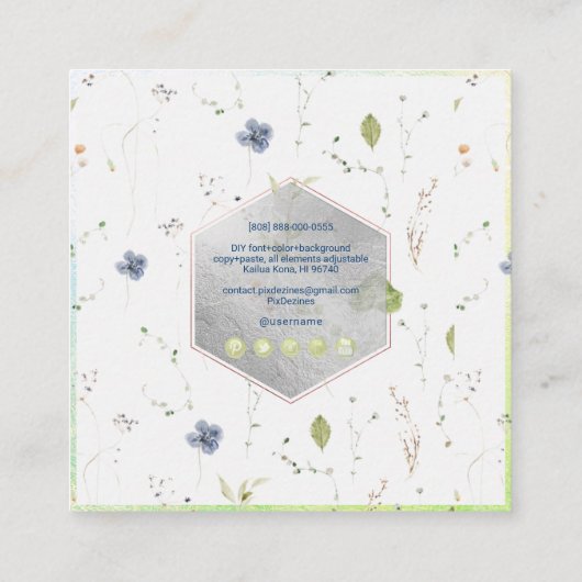 PixDezines Waterverf Wild Flowers Honeycomb Squar Vierkante Visitekaartje (Achterkant)