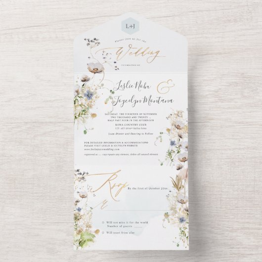 PixDezines Waterverf Winter Meadows Flowers All In One Uitnodiging (Binnen)