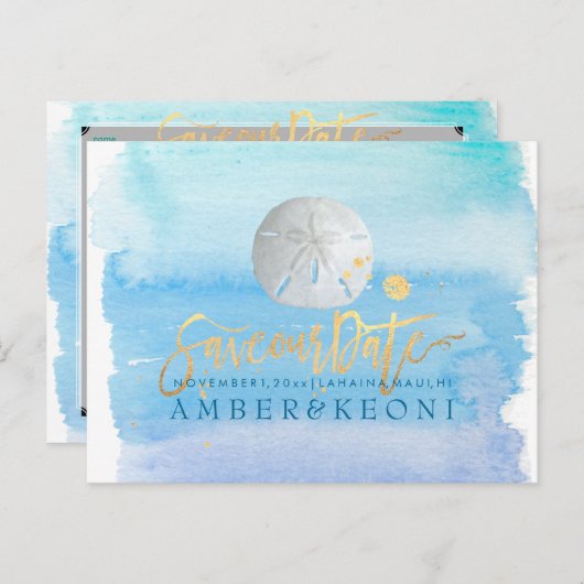 PixDezines Waterverf/Zeester/Strand Opslagdatum Aankondigingskaart (Voorkant / Achterkant)