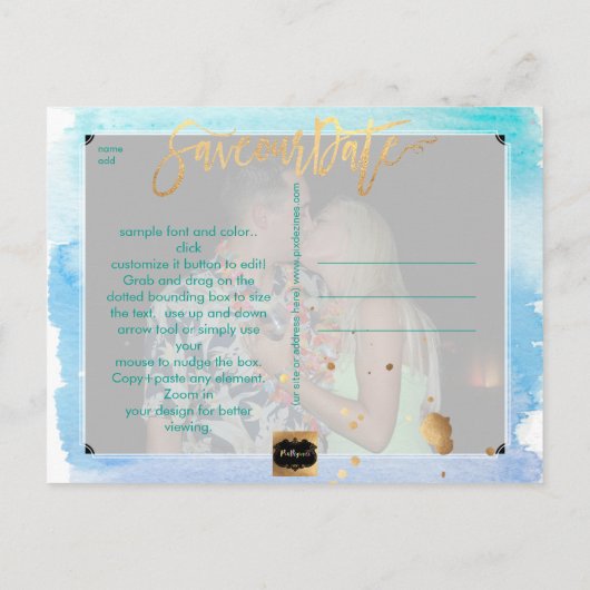 PixDezines Waterverf/Zeester/Strand Opslagdatum Aankondigingskaart (Achterkant)