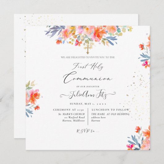 PixDezines Waterverf Zomer Rozen Communie Kaart (Voorkant / Achterkant)