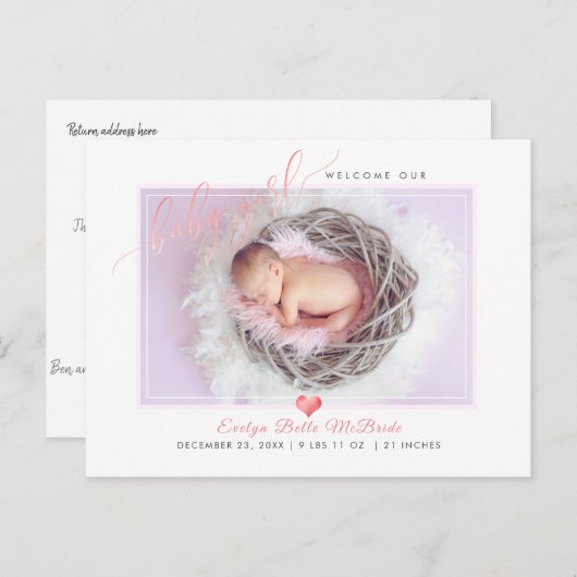 PixDezines Welcome Baby Girl, Faux Folie Script Aankondigingskaart (Voorkant / Achterkant)