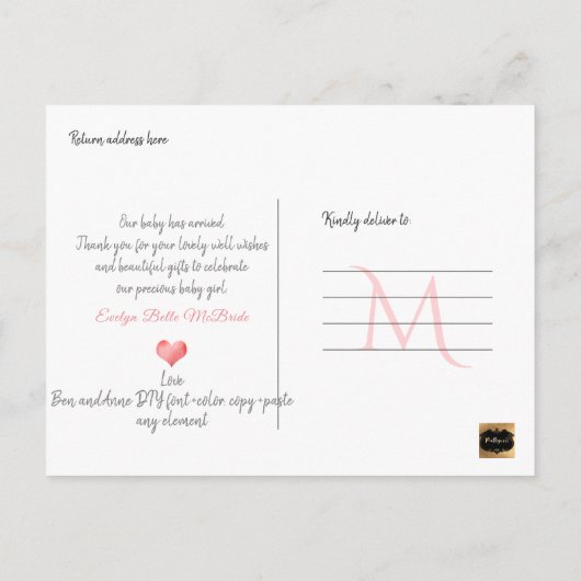 PixDezines Welcome Baby Girl, Faux Folie Script Aankondigingskaart (Achterkant)