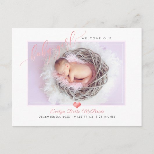 PixDezines Welcome Baby Girl, Faux Folie Script Aankondigingskaart (Voorkant)