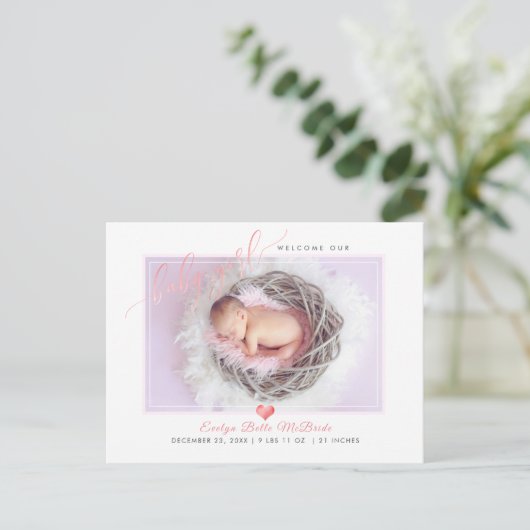 PixDezines Welcome Baby Girl, Faux Folie Script Aankondigingskaart (Staand voorkant)
