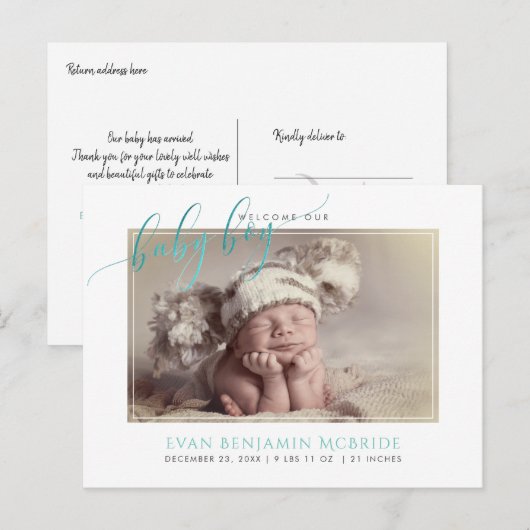 PixDezines Welkom Baby Boy, Faux Folie Script Aankondigingskaart (Voorkant / Achterkant)