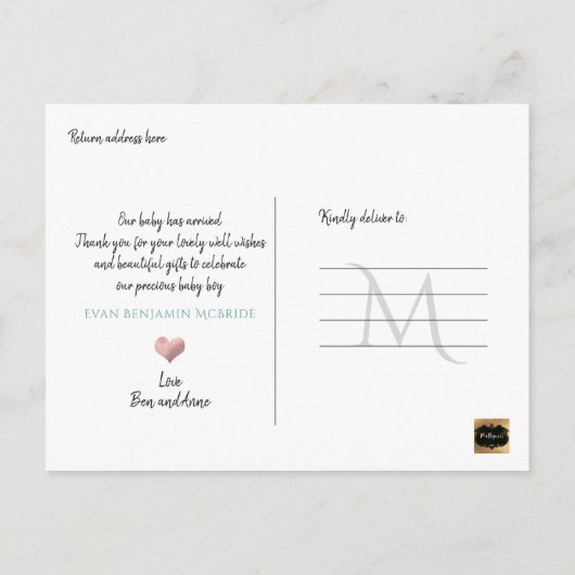 PixDezines Welkom Baby Boy, Faux Folie Script Aankondigingskaart (Achterkant)