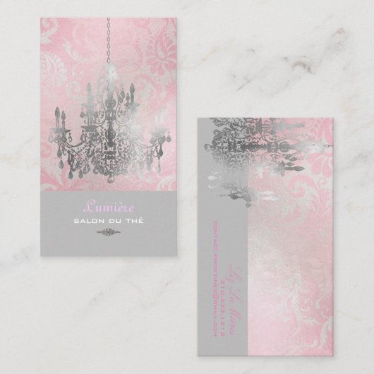PixDezines White Chandelier+Pink Damask Visitekaartje (Voorkant / Achterkant)