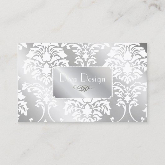PixDezines White Damask + Silver Tone Visitekaartje (Voorkant)