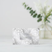 PixDezines White Damask + Silver Tone Visitekaartje (Staand voorkant)