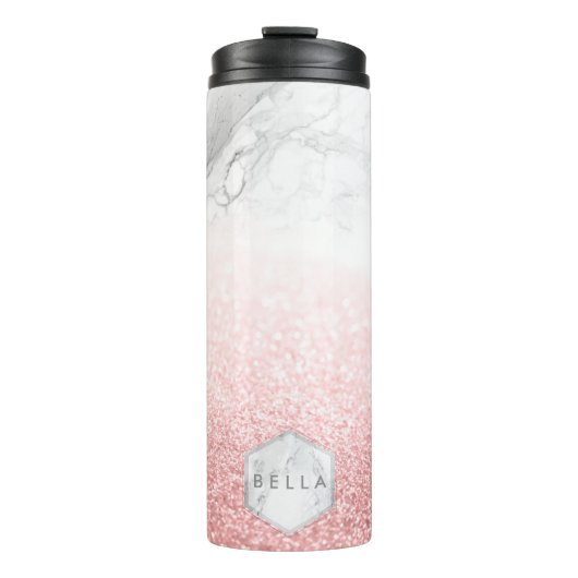 PixDezines WHITE MARBLE+FAUX ROOS GOLD GLITTERS Thermosbeker (Voorkant)